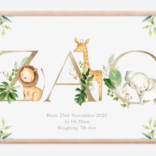 Nursery Print Personalised Baby Boy Safari Birth Announcement Print 