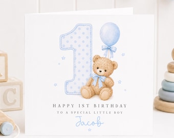 Personalised 1st Birthday Card Boy, Teddy Bear Birthday Card, Baby First Birthday Card, Custom Name Card, 1st Birthday Keepsake