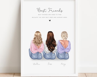 Puede incluir: Una impresión enmarcada en blanco con una cita sobre los mejores amigos. La cita dice "Mejores amigos. Los mejores amigos son difíciles de encontrar porque los mejores ya son míos." Tres mujeres con el pelo largo están sentadas de espaldas al espectador. Las mujeres llevan vaqueros y jerséis. Los nombres de las mujeres están escritos debajo: Hallu, Jess y Amy.