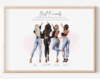Puede incluir: Una impresión de arte imprimible con una ilustración de cuatro mujeres en jeans y blusas negras, levantando una copa de champán. El texto dice "Best Friends, Friends are the people who make you smile brighter, laugh louder & live better." Los nombres Lily, Charlotte, Emily y Lauren están escritos debajo de las mujeres.