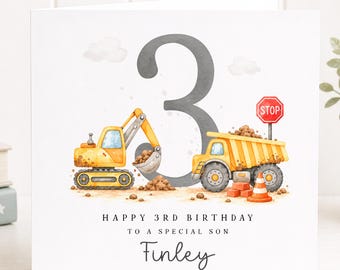 Personalised 3rd Birthday Card for Boy, Digger Birthday Card, Construction Birthday Card, Excavator Truck Card, Grandson Son Nephew