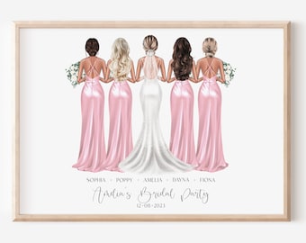 May include: A printable art print featuring a bride and five bridesmaids in pink and white dresses. The text reads "Sophia, Poppy, Amelia, Dayna, Fiona, Amelia's Bridal Party, 12-08-2023".