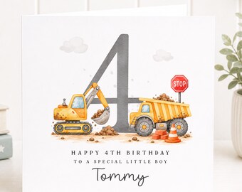 Personalised 4th Birthday Card for Boy, Digger Birthday Card, Construction Birthday Card, Excavator Truck Card, Grandson Son Nephew