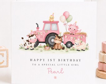 Personalised Farm Birthday Card for Girl, Pink Tractor Birthday Card, Farm Animal Card, Children’s Birthday Card, Daughter Age Card