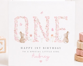 Personalised Birthday Card for Girl, First Birthday Card, 1st Birthday Keepsake, Bunny Birthday
