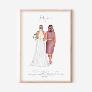 May include: A printable art print featuring a watercolour illustration of a bride and her mother walking down the aisle. The text reads "Mum" with a heart, "Today a bride, tomorrow a wife, forever your daughter, but friends for life." and "13.02.24".