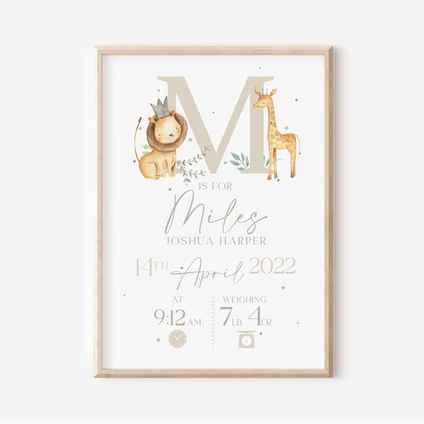 Personalised Safari Animals Baby Print, Nursery Poster, Birth and Weight Details, New Baby Gift, Birth Announcement, Baby Keepsake