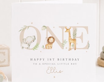 Personalised 1st Birthday Card, Safari Animal Birthday Card, Baby First Birthday Card, Custom Name Card, 1st Birthday Keepsake