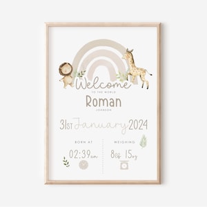 Lámina personalizada de animales de safari para bebé, póster para guardería, detalles de nacimiento y peso en arcoíris, regalo para bebé recién nacido, anuncio de nacimiento, recuerdo para bebé