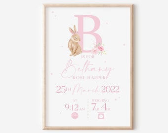 Personalised Bunny Baby Print, Pink Rabbit Nursery Poster, Birth and Weight Details, New Baby Gift, Birth Announcement, Baby Keepsake
