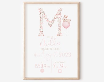 Personalised New Baby Print, Birth Weight Details, New Baby Girl Gift, Pink Birth Announcement, Baby Keepsake, Personalised Print For Girls