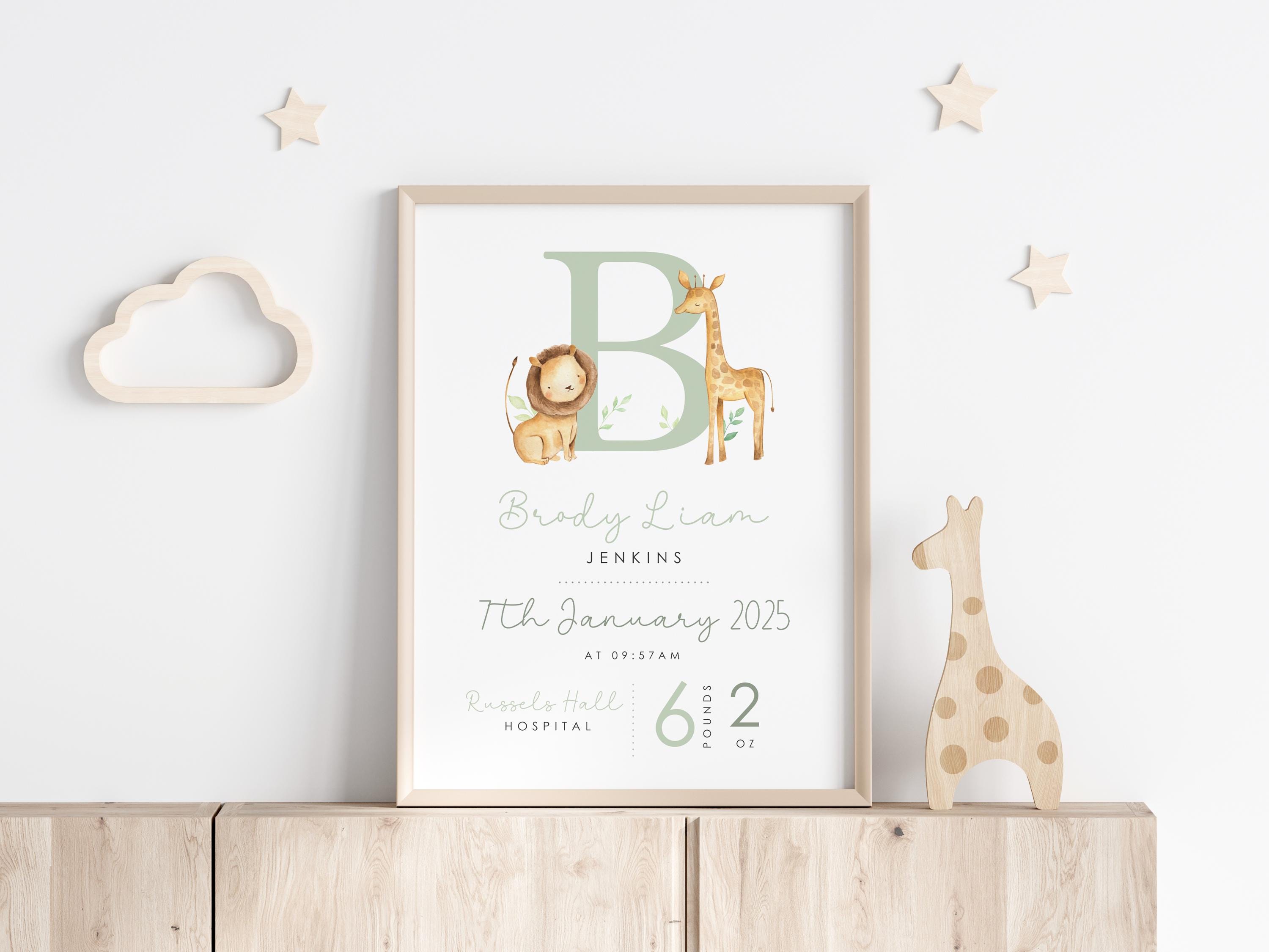 Personalised Safari Animals Baby Print, Nursery Poster, Birth and ...