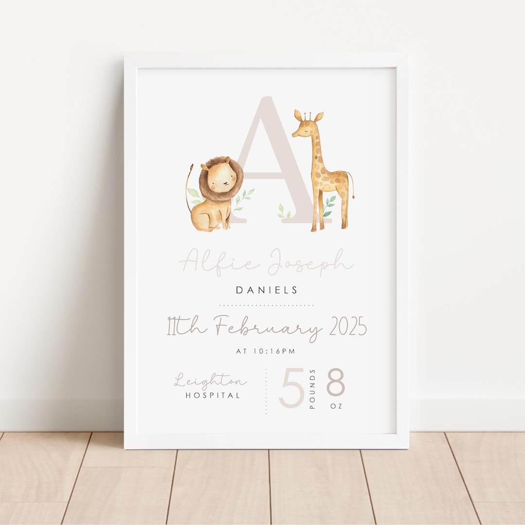 Personalised Safari Animals Baby Print, Nursery Poster, Birth and ...