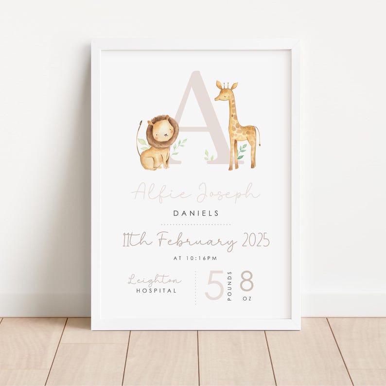 Personalised Safari Animals Baby Print, Nursery Poster, Birth and ...