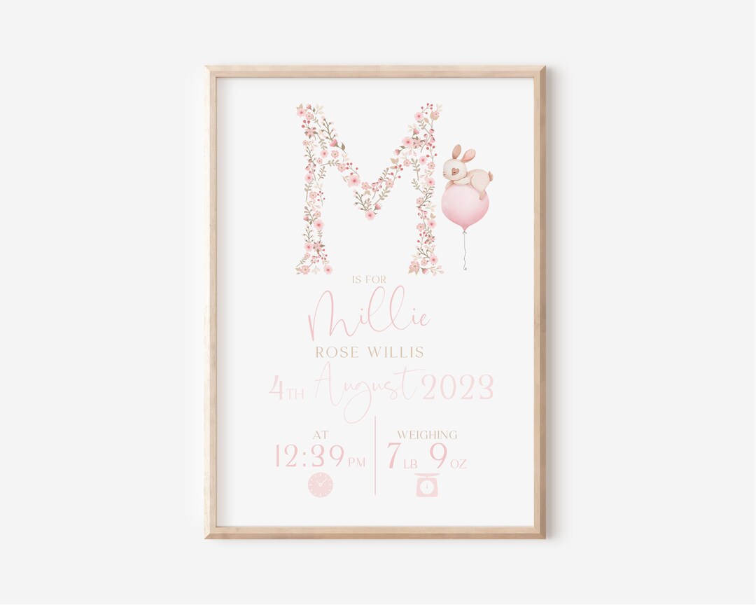 Personalised New Baby Print, Birth Weight Details, New Baby Girl Gift ...