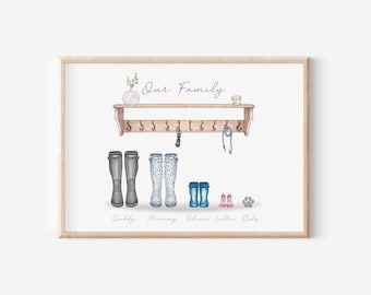 May include: A watercolor illustration of a wooden shelf with hooks, featuring a family's boots and other items. The text "Our Family" is written above the shelf. The boots are labeled "Daddy", "Mummy", "Oliver", "Lillie", and "Ralo".