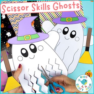 May include: A Halloween-themed craft project featuring white ghost cutouts wearing purple witch hats with green bands. The image shows scissors cutting along a dotted line on one ghost, with the text "Scissor Skills Ghosts" at the top.