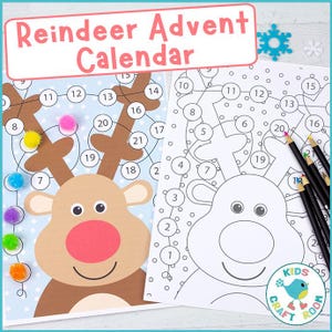 Puede incluir: Dos páginas de calendario de adviento de renos. Una está coloreada con una cara de reno, cuernos marrones y pompones de colores. La otra es un contorno en blanco y negro. El texto "Reindeer Advent Calendar" está en la parte superior.