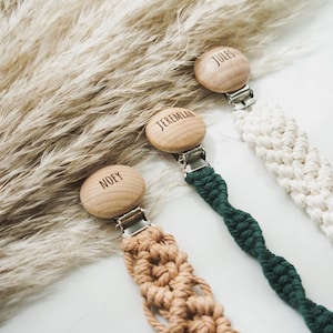 Personalized WOOD Macrame Pacifier Clip //Gender Neutral colors// Active