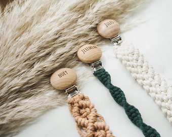 Personalized WOOD Macrame Pacifier Clip //Gender Neutral colors// Active