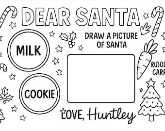Op de afbeelding: Zwart-wit kerstactiviteitenblad met de tekst "LIEVE KERSTMAN" en prompts voor melk, koekjes en een tekening van de kerstman. Bevat een wortel voor Rudolph, zuurstokken, sterren, hulst en een kerstboom. Ondertekend met "LOVE, Huntley".