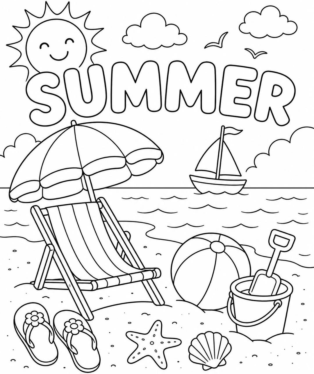 Beach Coloring Page for Kids | Summer Printable Activity | Cute Ocean ...