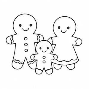 Könnte beinhalten: Eine Schwarz-Weiß-Strichzeichnung einer Lebkuchenfamilie. Die Familie besteht aus einem Vater, einer Mutter und einem Kind, jedes mit einem lächelnden Gesicht und Knopfform. Die Lebkuchenmännchen haben gewellte Linien für die Ränder.