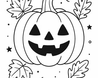 May include: A black and white illustration of a smiling jack-o'-lantern with triangular eyes and a jagged mouth. The pumpkin is surrounded by leaves, stars, and swirls, creating a festive Halloween theme.