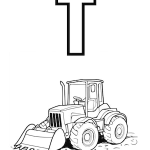 May include: Black and white line drawing of a tractor with a large scoop in front. The letter "T" is above the tractor.