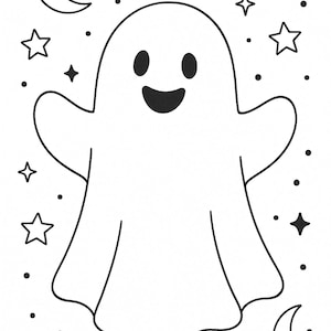 May include: A black and white illustration of a friendly ghost with a smiling face, surrounded by stars, dots, and crescent moons. The ghost has outstretched arms, creating a whimsical and spooky design, perfect for Halloween.