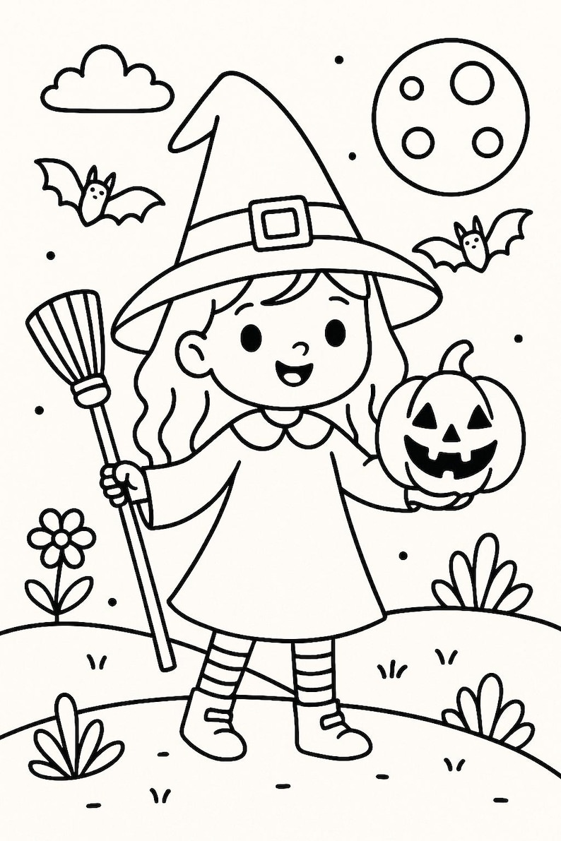 Cute Halloween Witch Coloring Page for Kids | Printable Witch Activity ...