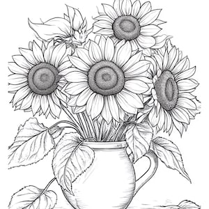 Puede incluir: Un dibujo en blanco y negro de un ramo de girasoles en un jarrón de cerámica. Los girasoles están dispuestos en un jarrón con asa. El jarrón está sobre una mesa con algunos pétalos de girasol esparcidos alrededor.