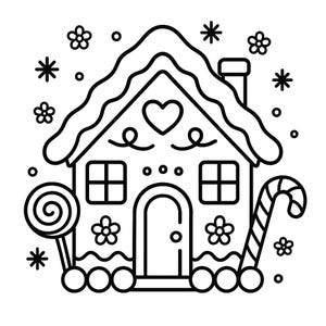 May include: Black and white line art illustration of a gingerbread house with a heart on the front. The house has a snow-covered roof, windows, and a door. A lollipop and candy cane are on either side, with snowflakes and flowers around the house.