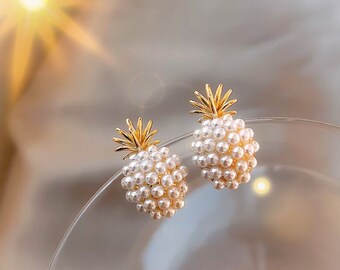 Tropical Earrings Golden Brass Earrings Fruit Jewelry Pineapple Earrings Sterling Silver Hypoallergenic Summer Jewelry Summer Studs