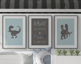 Dinosaur Printable Wall Art | Dinosaur Nursery Decor | Baby Boy Nursery Decor | Printable Nursery Art Prints | Rawr Means I love you