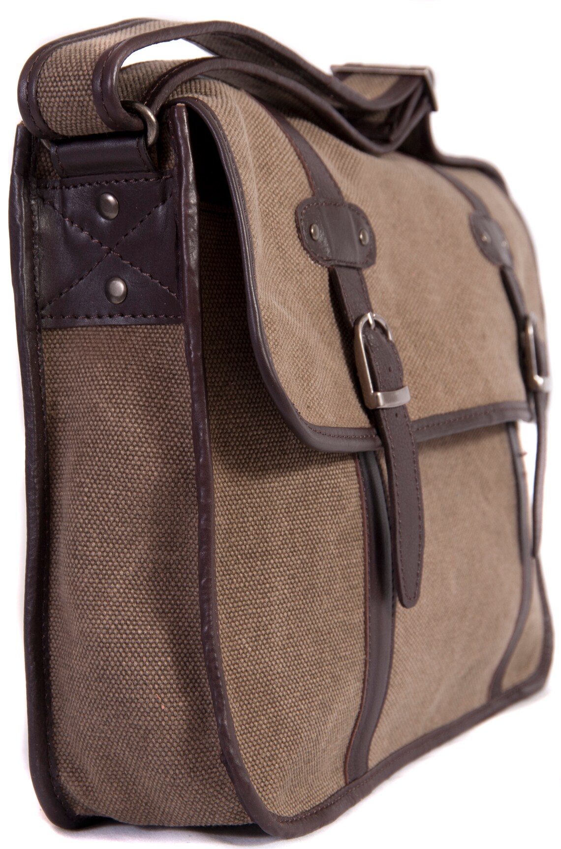 Khaki Canvas Shoulder Bag Brown Leather Large Satchel Etsy UK