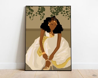 May include: A woman in a white dress with gold accents is sitting down and putting on a high-heeled shoe. She has dark brown skin, long black hair, and is wearing gold jewelry. The background is a light brown color with green vines.