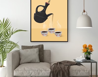 May include: A black traditional Ethiopian coffee pot, called a jebena, pours coffee into three small white cups with red and blue designs. The cups are on a yellow surface with steam rising from the coffee.