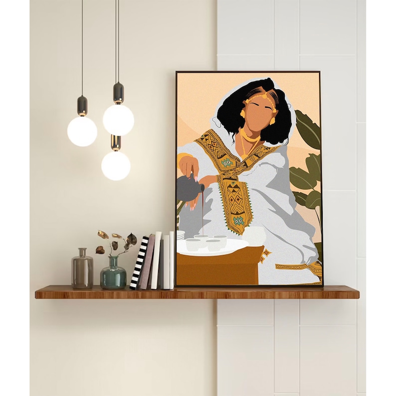 Digital Eritrea girl Coffee Art, Eritrea art, Digital Art, Eritrea Woman with coffee, canvas Painting, woman Illustration image 2