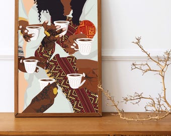 Eritrean women, art print from Eritrea, Eritrean coffee ceremony, Eritrean art, black wall art, printable art.