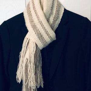 Handwoven Merino Wool Scarf: Cream & Grey, Neutral Tones, Vintage
