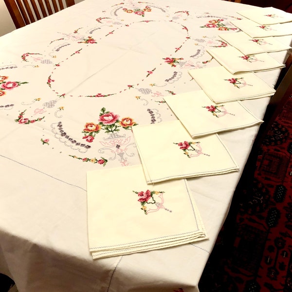 Vintage Cotton Tablecloth & Napkins, Large Rectangular Hand Embroidered, Ivory Cotton Table Linens,