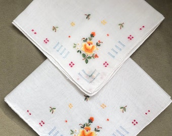 Set of Two White Cotton Vintage Handkerchiefs, Embroidered with Flowers,