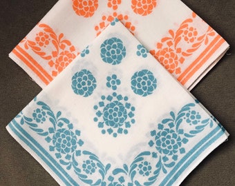 Set of two vintage Italian printed cotton handkerchiefs, smooth, soft, crisp, Mediterranean colours