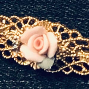1928 Company Pink Porcelain Rose Filigree Brooch, Vintage