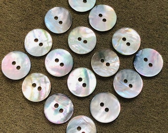15 mm Vintage Mother Of Pearl 2-Hole Buttons, Silver Shell Sewing Buttons, packs of 8 buttons.