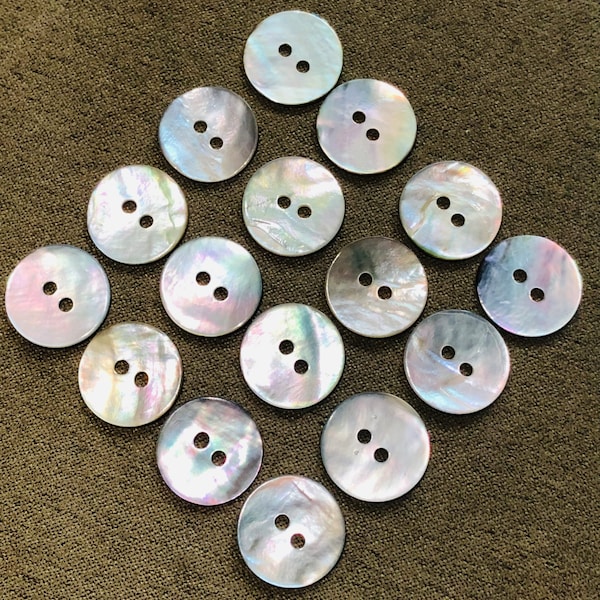 15 mm Vintage Mother Of Pearl 2-Hole Buttons, Silver Shell Sewing Buttons, packs of 8 buttons.