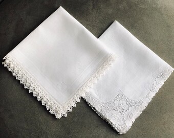 Vintage White Cotton and Lace Handkerchiefs, 30 x 30 cm, Something Old, Wedding Accessory,