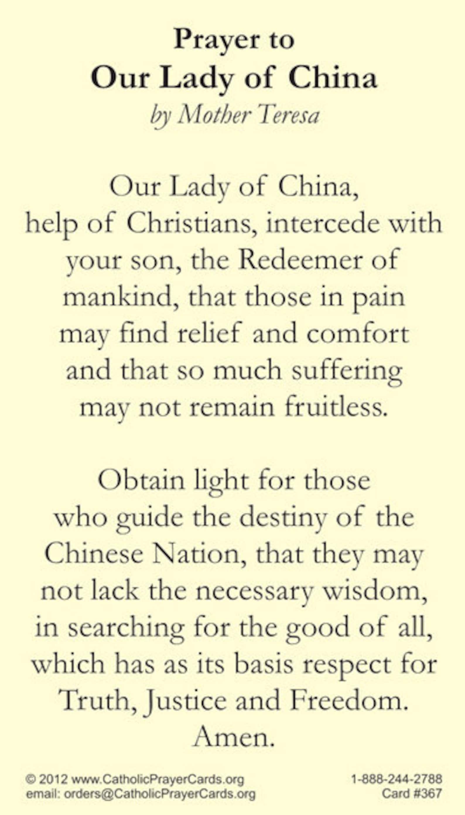 Our Lady of China Glossy Finish Prayer Card by Mother Teresa Etsy