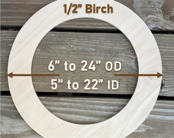 6" to 24" Unfinished Wood Craft Rings, 1/2" Thick Birch Plywood